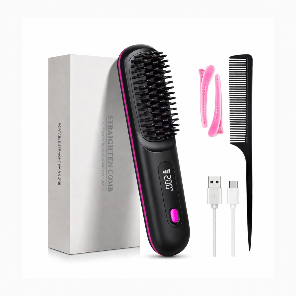 Kit Lissage Beauté 3-en-1 – Brosse Chauffante Sans Fil + Miroir LED + Trousse