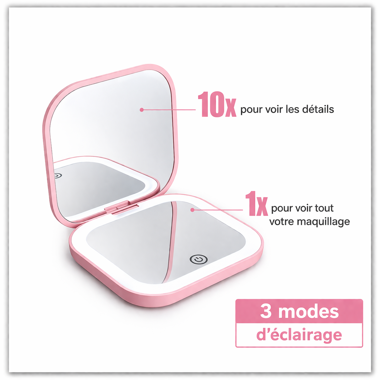 Miroir de Poche LED Compact – Grossissement 1x/2x, Éclairage Intégré