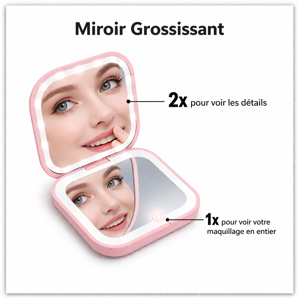 Miroir de Poche LED Compact – Grossissement 1x/2x, Éclairage Intégré