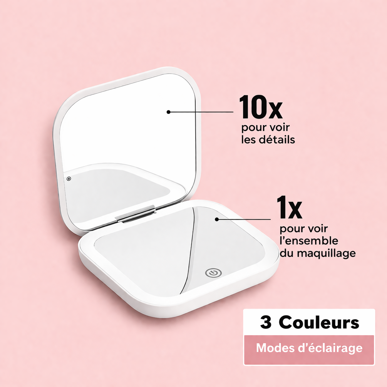 Miroir de Poche LED Compact – Grossissement 1x/2x, Éclairage Intégré