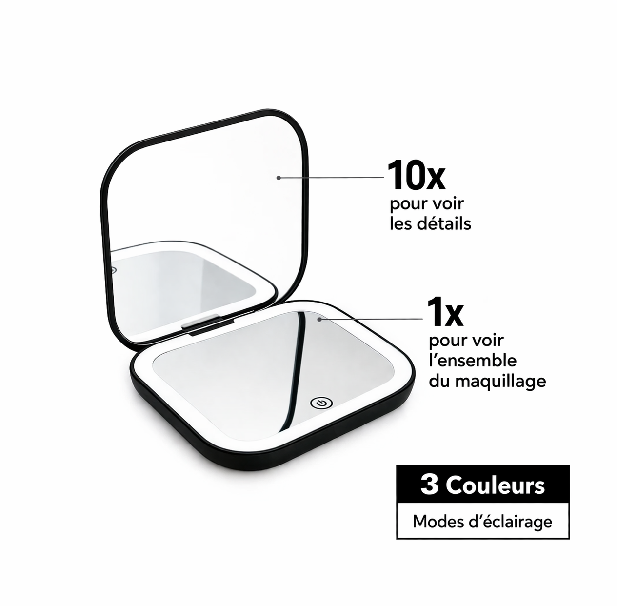 Miroir de Poche LED Compact – Grossissement 1x/2x, Éclairage Intégré