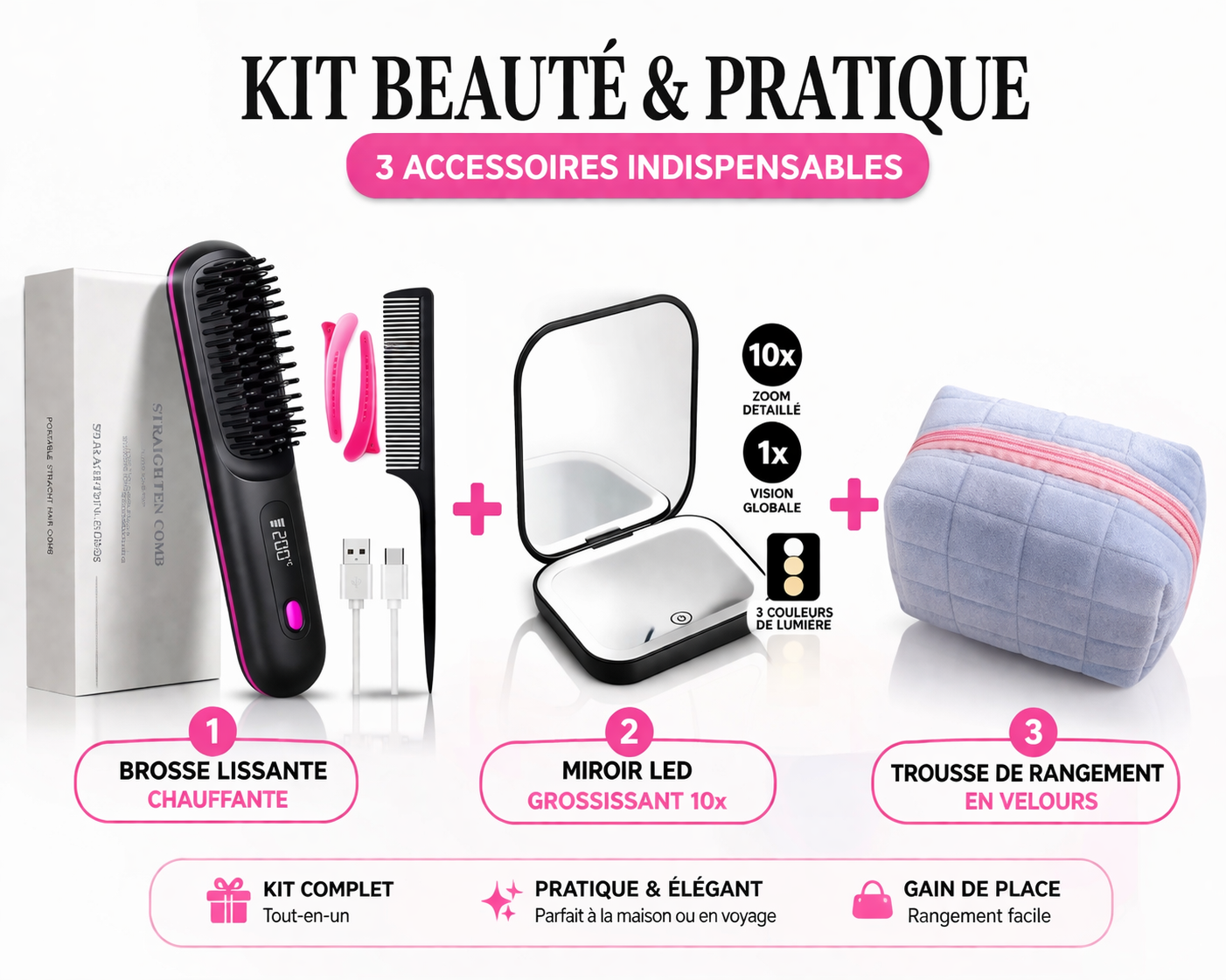 Kit Lissage Beauté 3-en-1 – Brosse Chauffante Sans Fil + Miroir LED + Trousse