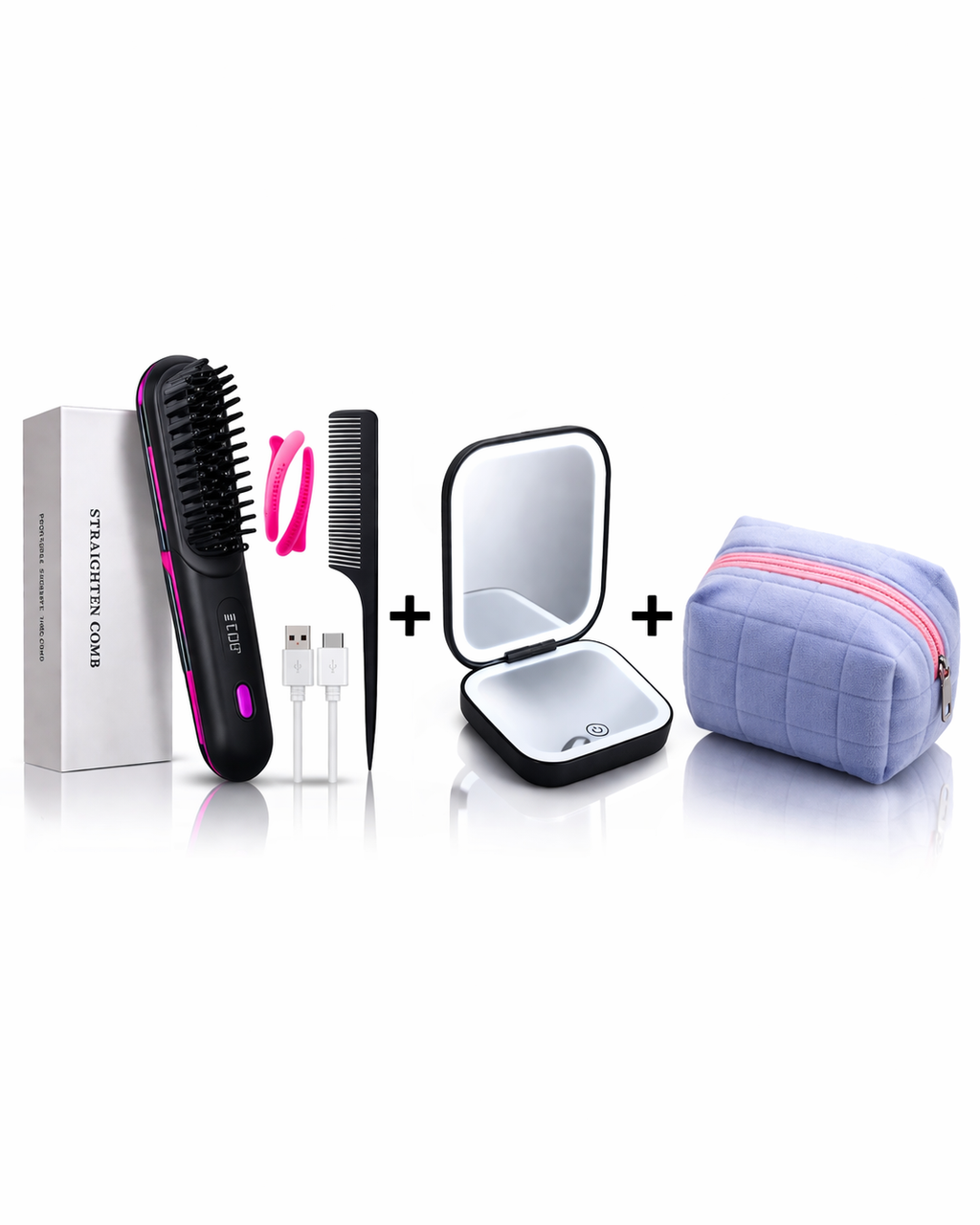 Kit Lissage Beauté 3-en-1 – Brosse Chauffante Sans Fil + Miroir LED + Trousse